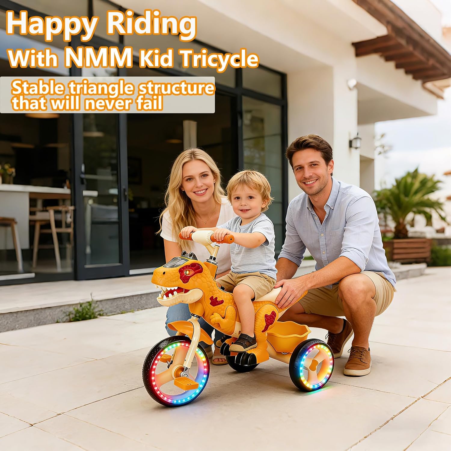NMM Dinosaur Tricycle for Toddlers, Kids Trike with Music, LED, Tricycles for 3-5 Year Olds, for Rider, Big Wheel, Storage Basket, Horn, Toddler Bike for Boy, Dinosaur Toys for Kids 2-4 4-7