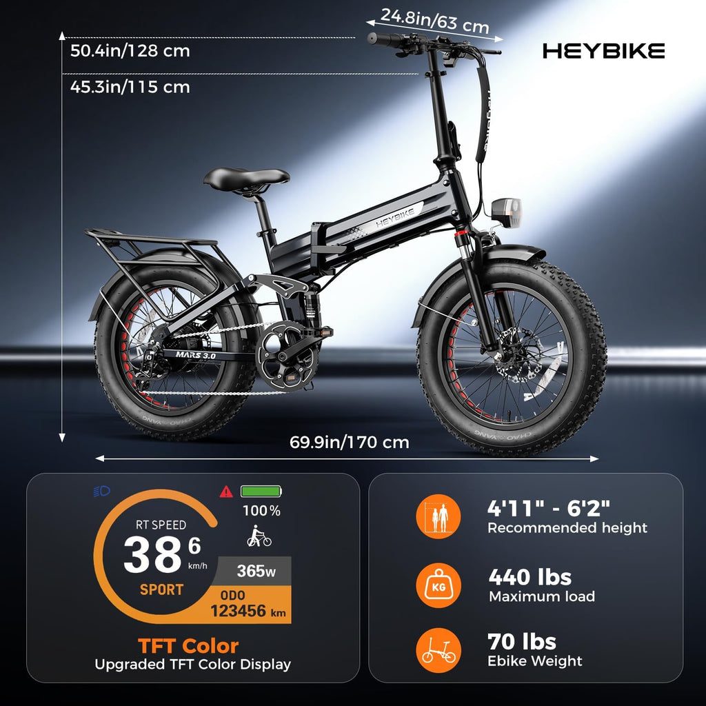 Heybike Mars 2.0/3.0 Foldable Electric Bike, UL2849 Certified, 70+Miles Long Range, 1400W/1800W Peak Motor 32MPH, 624WH Removable Battery, 20'*4 Fat Tire Ebike for Snow, Commute, Full Suspension