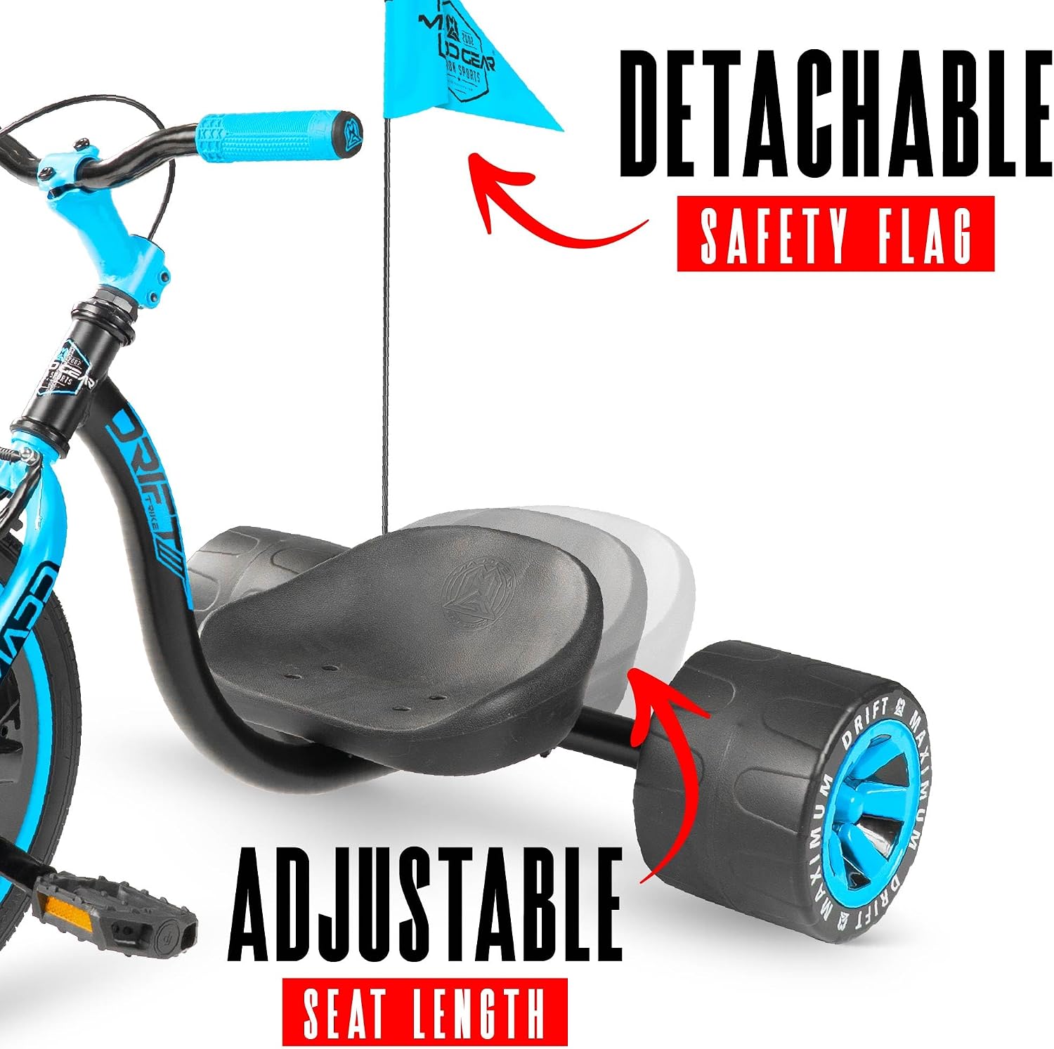 Drift Trike for Kids Ages 5+ – 16' Front Wheel Ride-On with Adjustable Seat, Steel Frame, Rear Slick Drift Wheels & Safety Flag – Madd Gear - (Black Blue)