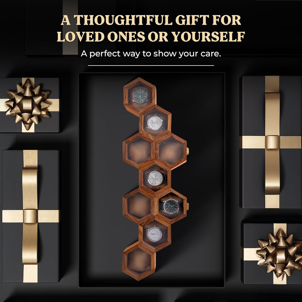 Men's Watch Box Organizer – Dark Rosewood Display Case with Glass Lid, Stylish Travel Watch Storage, Gift for Him (9 Slot)