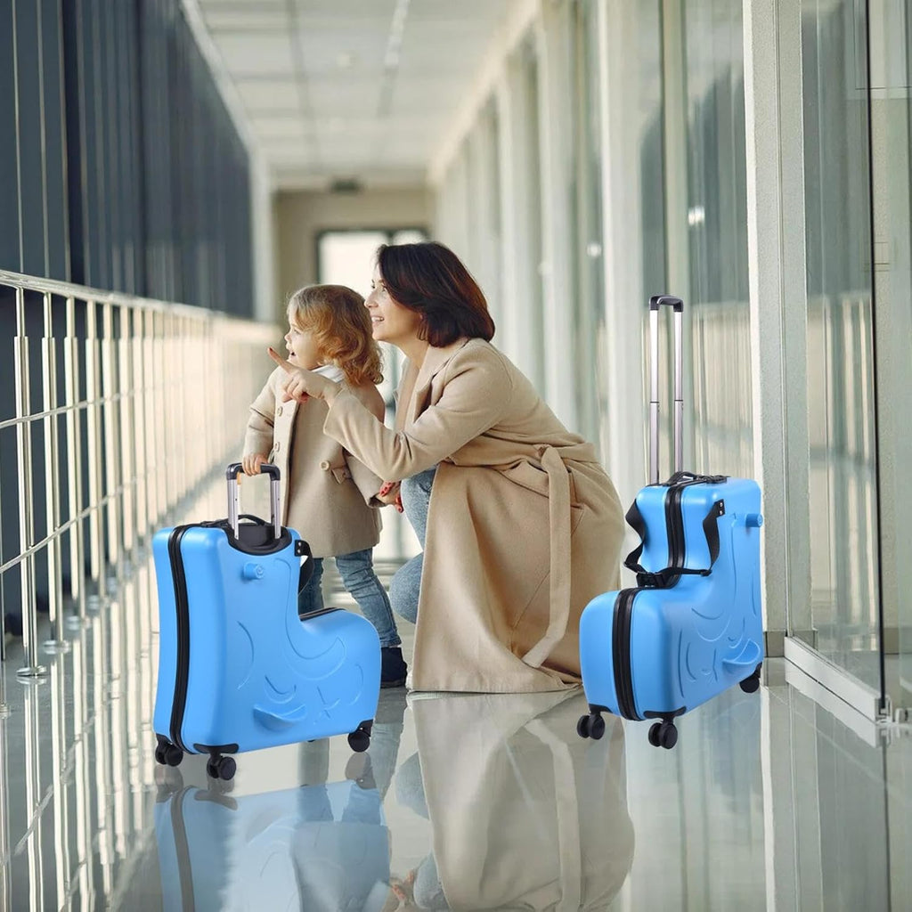 24 Inch Kids Ride On Travel Suitcase, Rolling Luggage with Wheels Carry Trolley Luggages with Password Lock, Children's Ride On Trolley for Children's Day Gift, Festival Gift (Blue)