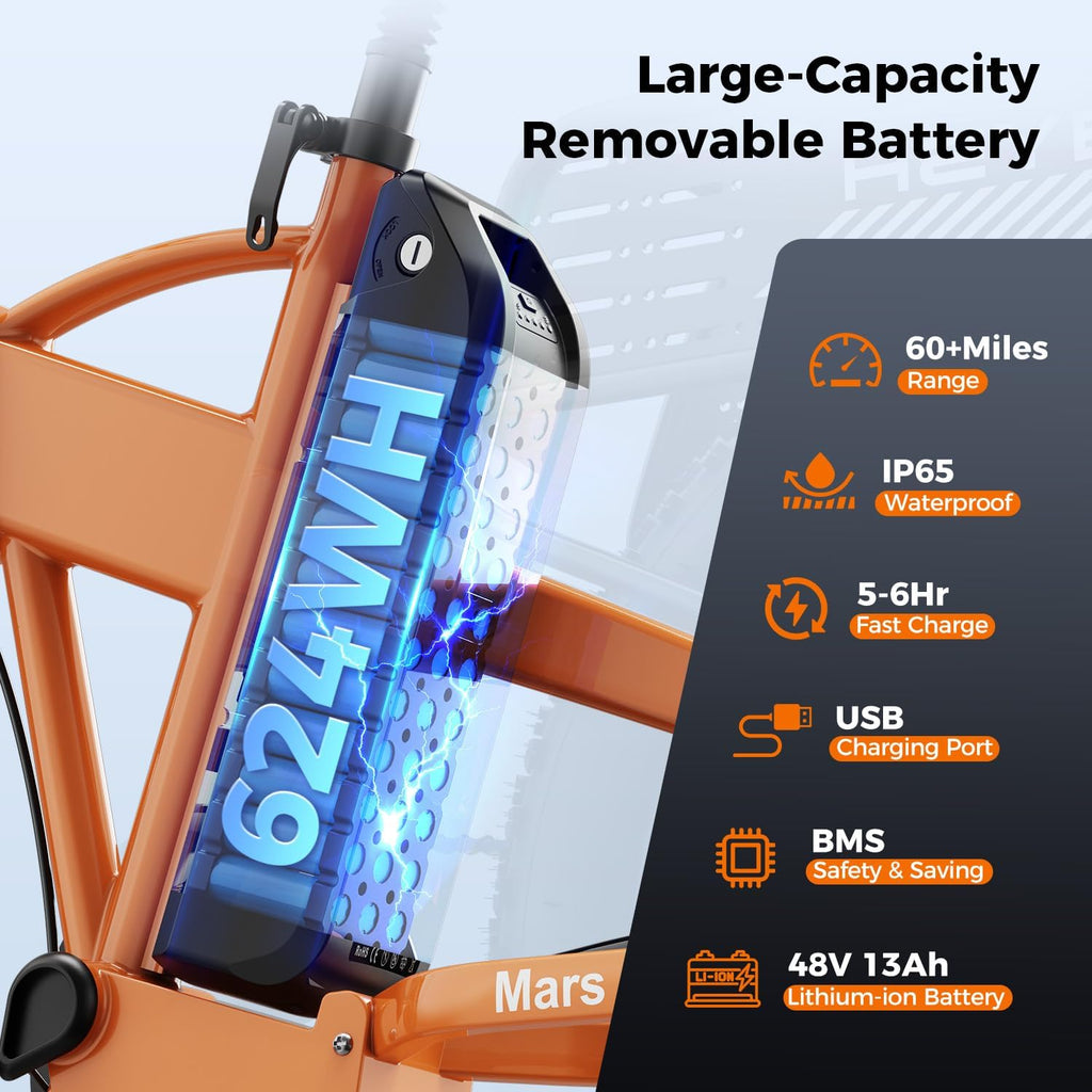 Heybike Mars 2.0/3.0 Foldable Electric Bike, UL2849 Certified, 70+Miles Long Range, 1400W/1800W Peak Motor 32MPH, 624WH Removable Battery, 20'*4 Fat Tire Ebike for Snow, Commute, Full Suspension