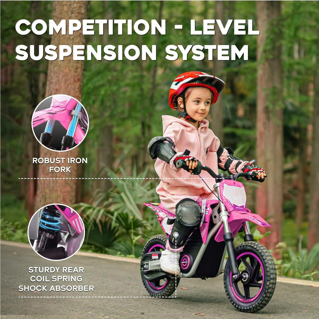 AIII Electric Dirt Bike for Kids 3-7, High Performance Racing Grade Motorcycle, Up to 8MPH, 2 Speed Settings, 12-Inch Off-Road Tires, Rear Disc Brakes & Advanced Shock Absorption, Pink