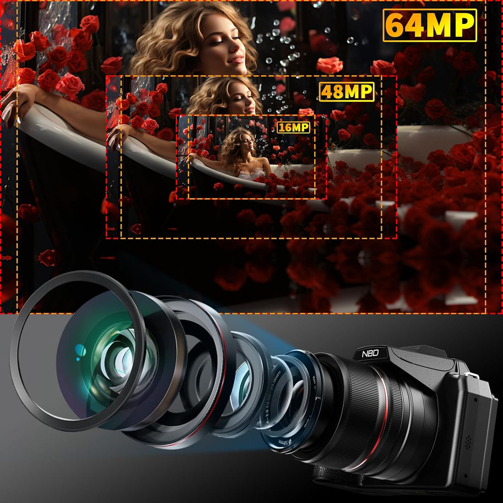 NBD 64MP Digital Cameras for Photography,5K Vlogging Cameras for YouTube,16X Optical Zoom Travel Point and Shoot Digital Cameras Fotograficas with 180°Flip Screen,58mm UV Lens,2 Batteries（Black）