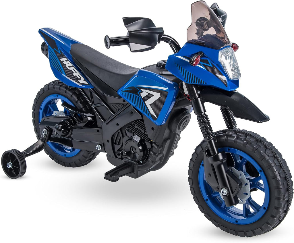 Huffy Ride On Motorcycle for Kids, Ideal for Ages 2-5 Years, 6V Rechargeable Battery, Training Wheels, Realistic Engine Sounds, Max Weight 65lbs, 2 MPH, Blue