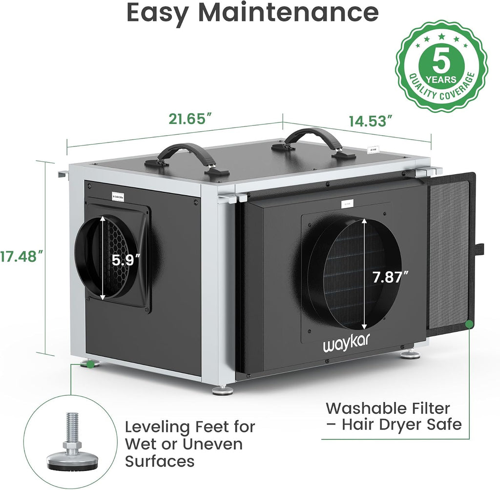 Waykar 125 Pints Crawl Space Dehumidifier with Remote Control and Pump, Dual Duct HVAC Commercial Whole-House Dehumidifier for Basement, Industrial Water Damage Unit - 5-Year Quality Coverage