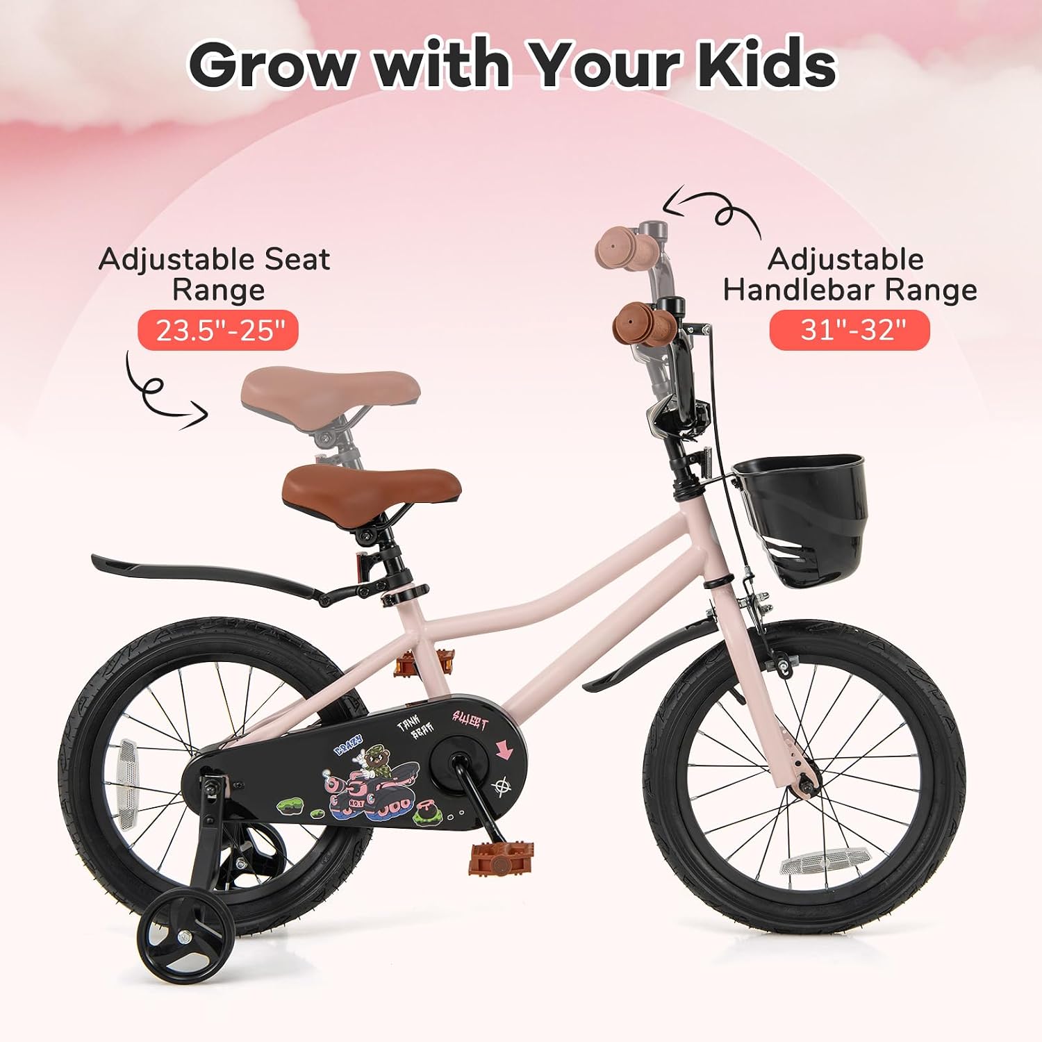 BABY JOY Kids Bike, 12' 14' 16' 18' Tank Bear DIY Children's Bicycle with Training Wheels, Storage Basket, Adjustable Handlebar & Seat, Handbrake & Coaster Brake, Girls Boys Bike