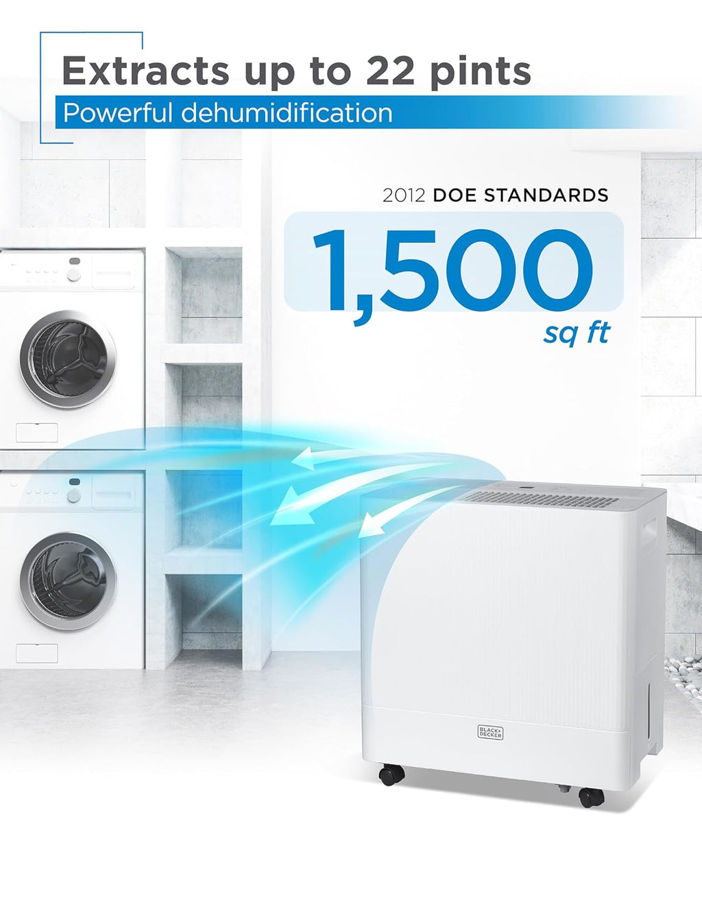 BLACK+DECKER Portable Dehumidifier, Extracts 22.27-Pint Per 24-Hours, Dehumidifier for Home up to 1500 Sq. Ft. Coverage, 6.8-Pint Bucket, Energy Star 6.0 Certified, BDM22WCDA, White