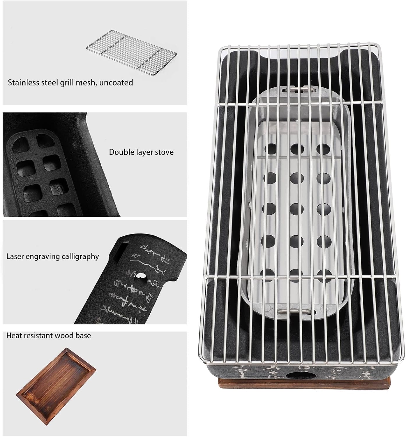 Japanese Style Charcoal BBQ Grill, Portable Rectangle Tabletop Barbecue Stove with Wire Grill Rack, Quick Heating Grill for Camping, Picnic, Patio and Home Use (XL)