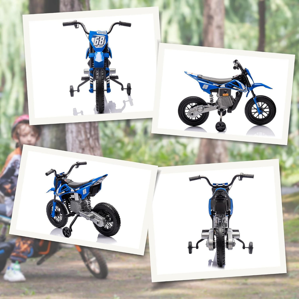 Qaba Kids Dirt Bike with Twist Grip Throttle, 12V Electric Motorcycle, Electric Bike for Toddler with Training Wheels, Spring Suspension & Music, Blue