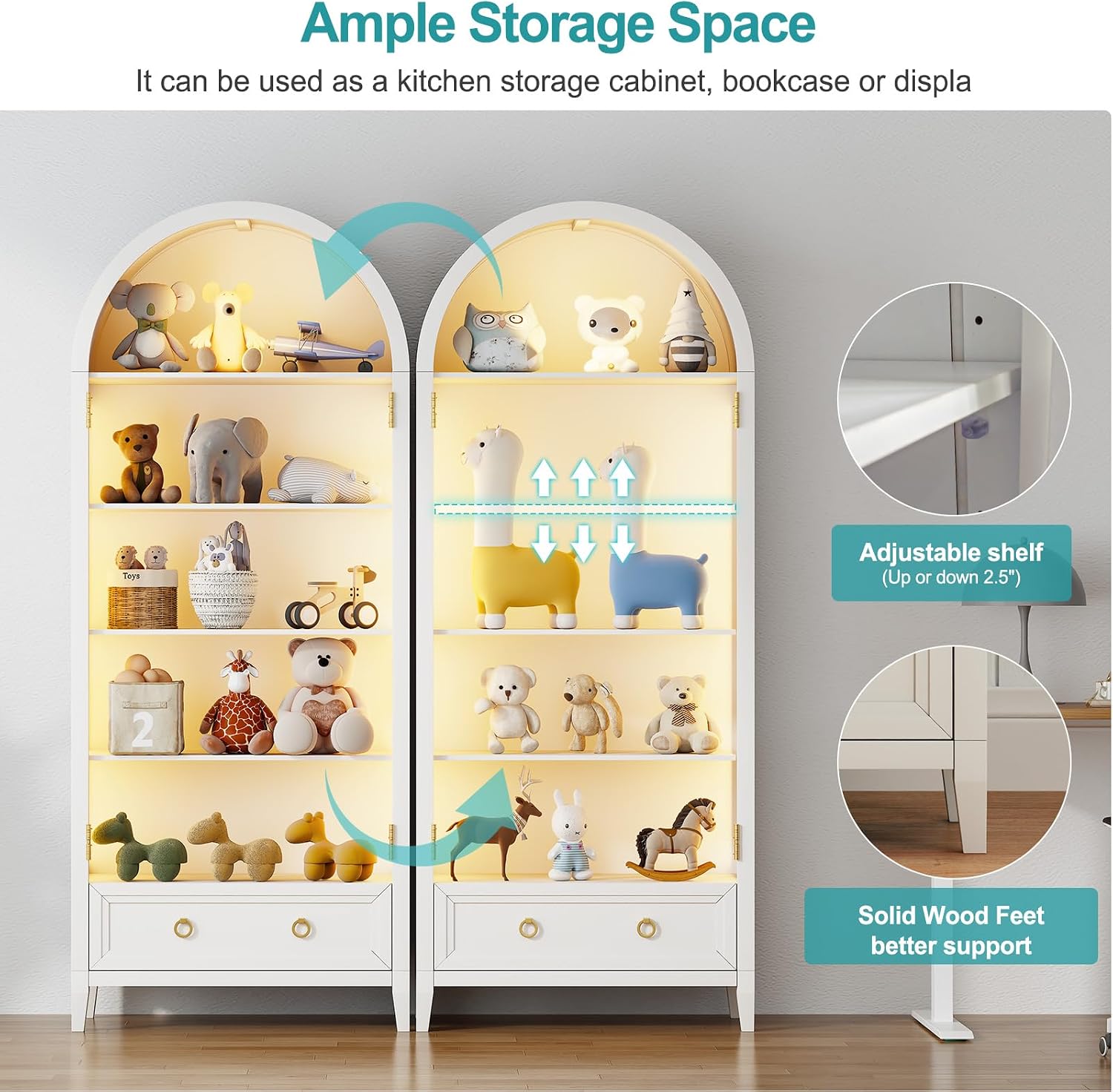 Lvifur 73' Tall Arched Display Cabinet with Glass Doors,4-Tier Curio Cabinets with 3 Color Lights for Collectibles,LED Storage Cabinet with Human Body Sensor,Ajustable Shelf for Toys, Books,White