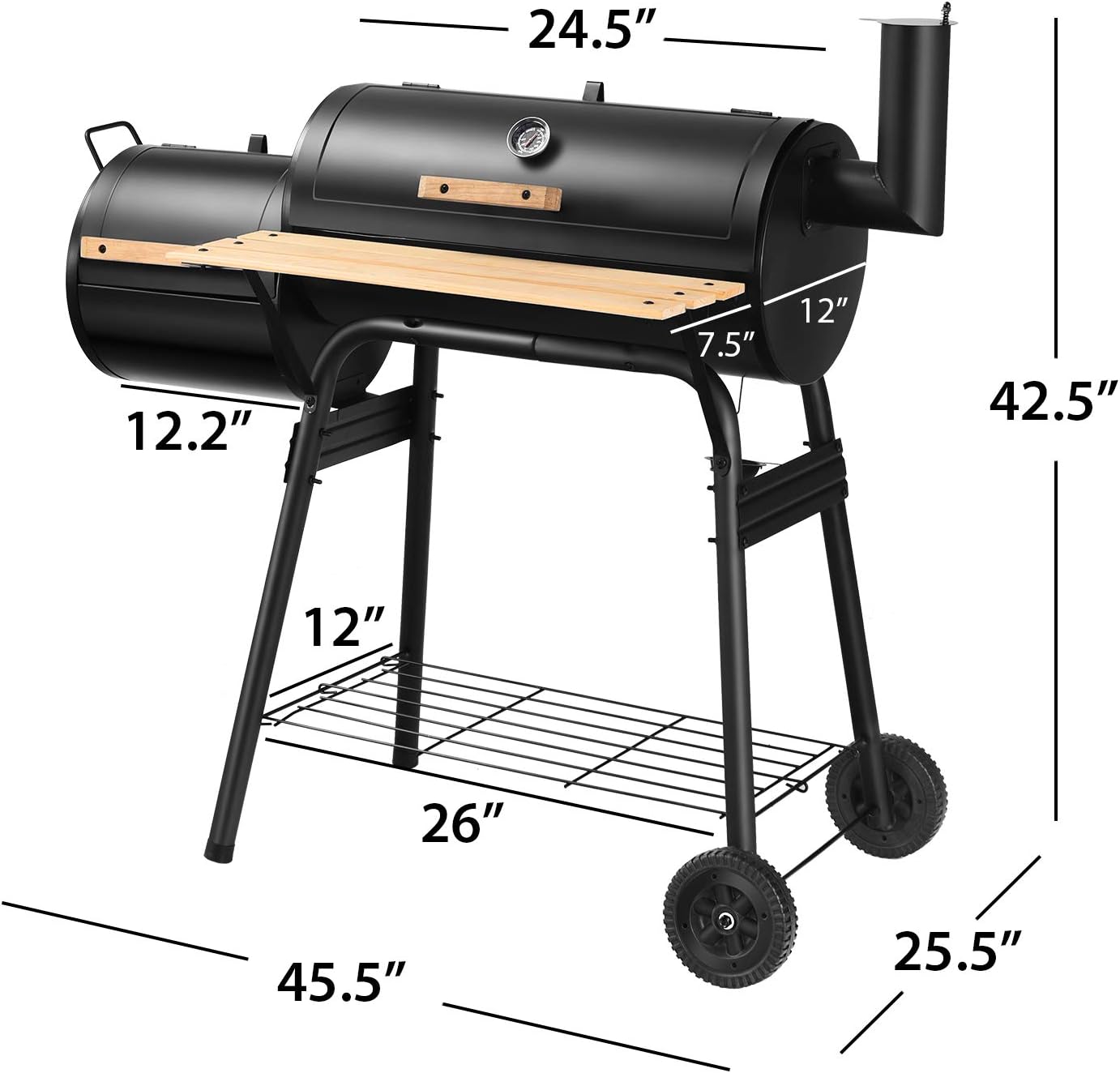 Giantex BBQ Charcoal Grill with Offset Smoker, Thermometer and Adjustable Damper, Meat Cooker Smoker for Backyard Family Gathering and Outdoor Picnic, 2 Moveable Wheels, 2 Shelves and Wooden Handles