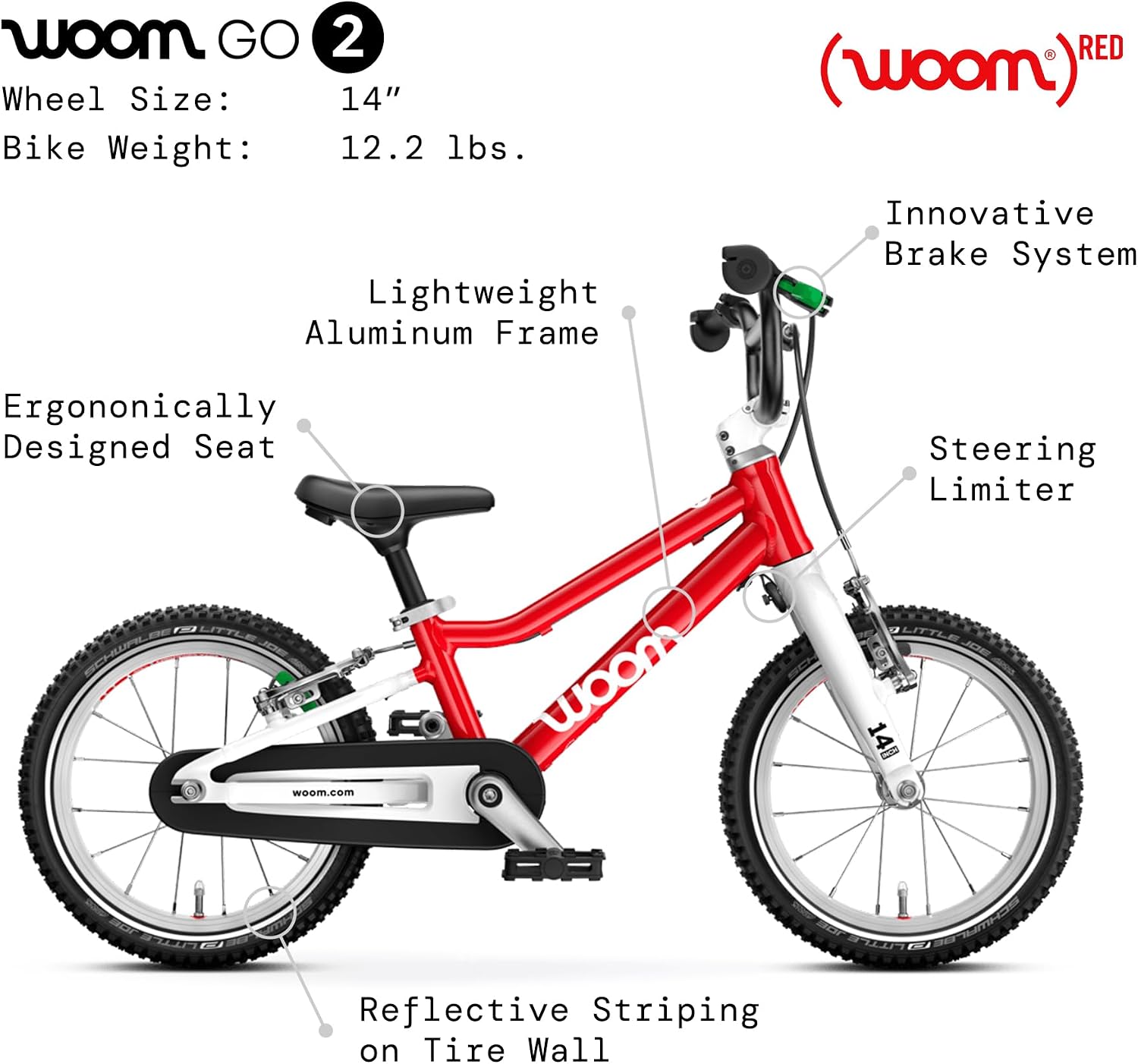 woom GO 2 Bicycle for Children 3 to 4.5 Years Old, 14-Inch Lightweight Bike with Handbrake, Steering Limiter & Chainguard for Boys & Girls