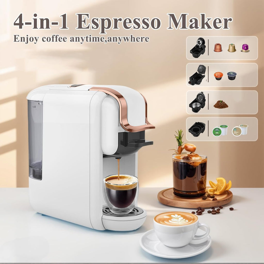 4-in-1 Pods Coffee Maker 19Bar, Compact Design Fast Brew Hot/Cold Espresso Machine for K Cup Pods,Nes Original/DG Capsule and Ground Coffee at Home or Office (White)