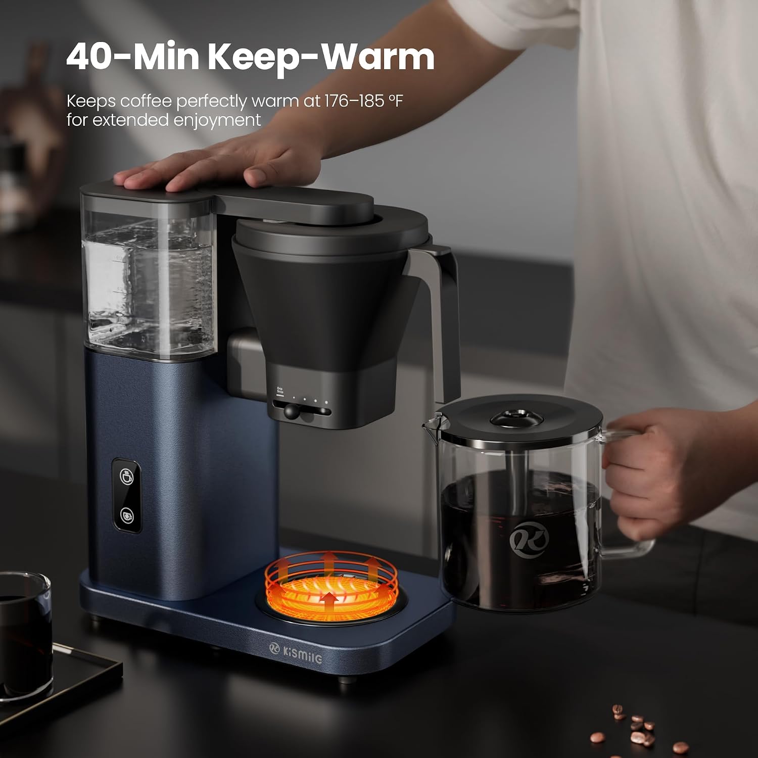 Kismile SCA-Certified 8 Cup Drip Coffee Maker, Pour Over Coffee Machine with 3s Instant Heat 197–205℉, Adjustable Flow Control, Removable Water Tank, Deep Cold Brew & 40 Min Keep Warm (Blue)