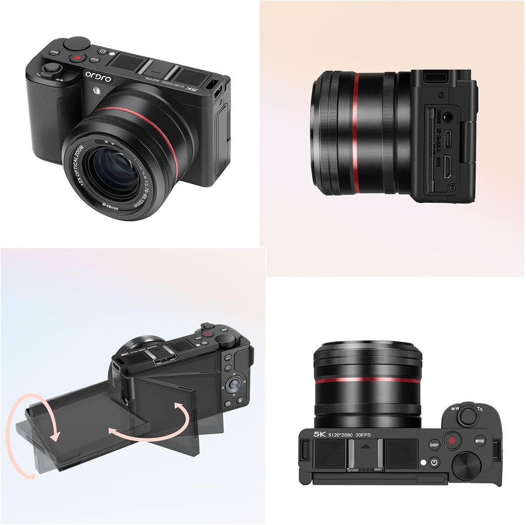 ORDRO Vlogging Camera, Digital Camera for Photography 64 MP, 12X Optical Zoom, Camera Kit: Bundle with 64GB Card, Tripod and Mic for Point and Shoot Camera