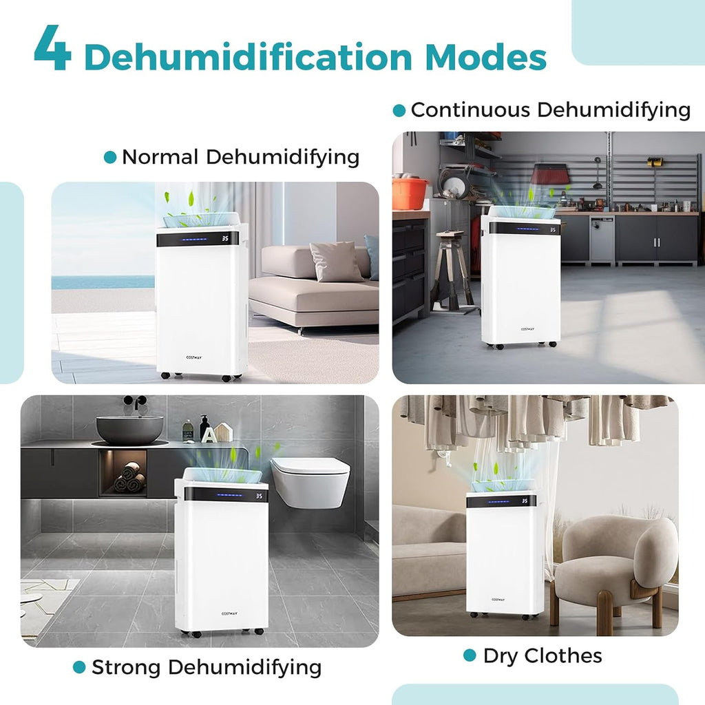 COSTWAY 4,500 Sq. Ft Dehumidifier for Basement, 3-Color Humidity Indicator, Dry Clothes Mode, 12' Drain Hose & Wheels, 57 Pint/Day Dehumidifier for Large Room (White&Black)