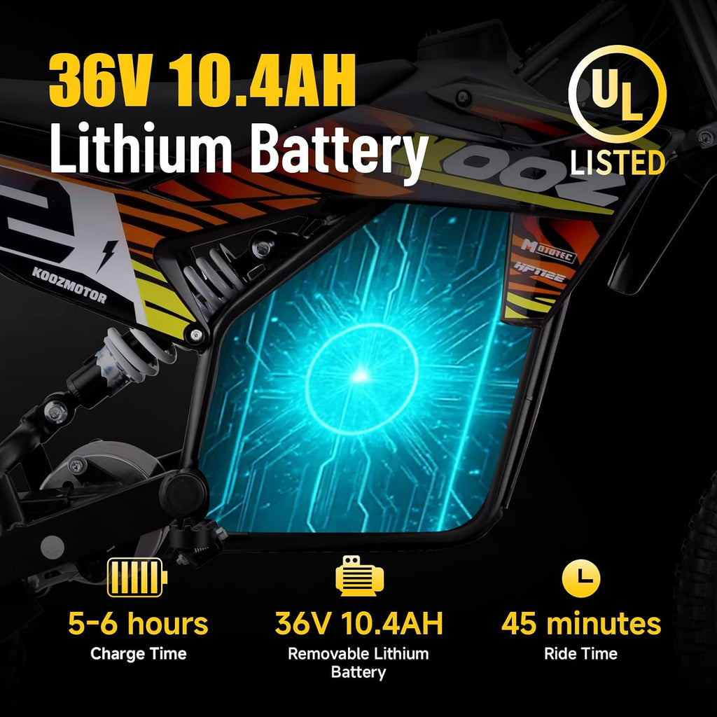 KOOZ HP112E PRO 36V 1000W Electric Dirt Bike for Kids, 3 Speed Modes Teen Electric Motorcycle Up to 20.6 MPH& 19 Miles Long-Range, Dual Suspension & Disc Brake, 16' Sturdy Tire