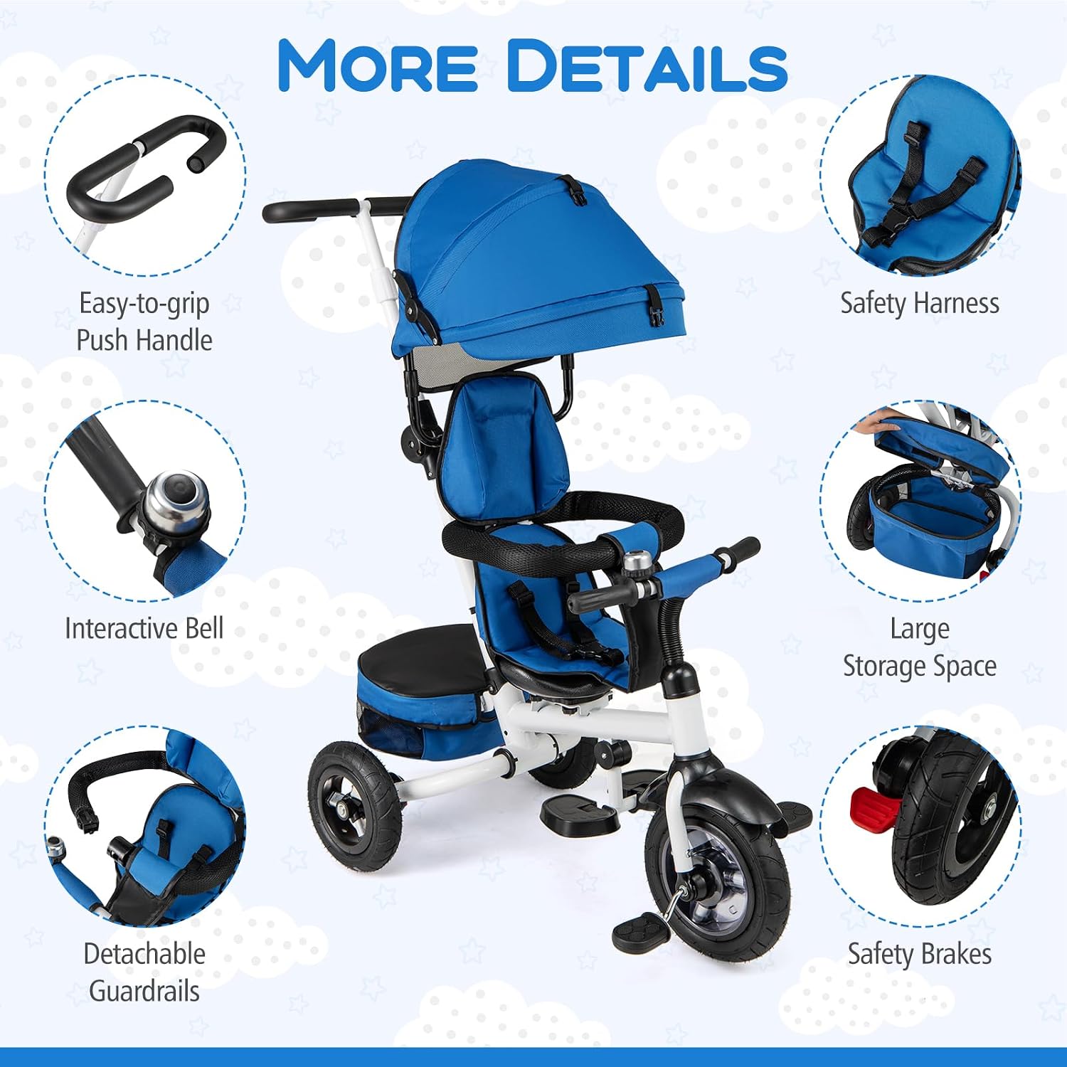 Costzon Tricycle, 5 in 1 Toddler Bike w/Foldable Push Handle, Rotatable Seat, EVA Wheel, Adjustable Canopy, Storage Basket & Bell, Trike for Kids 1-5 Years Old (Blue)