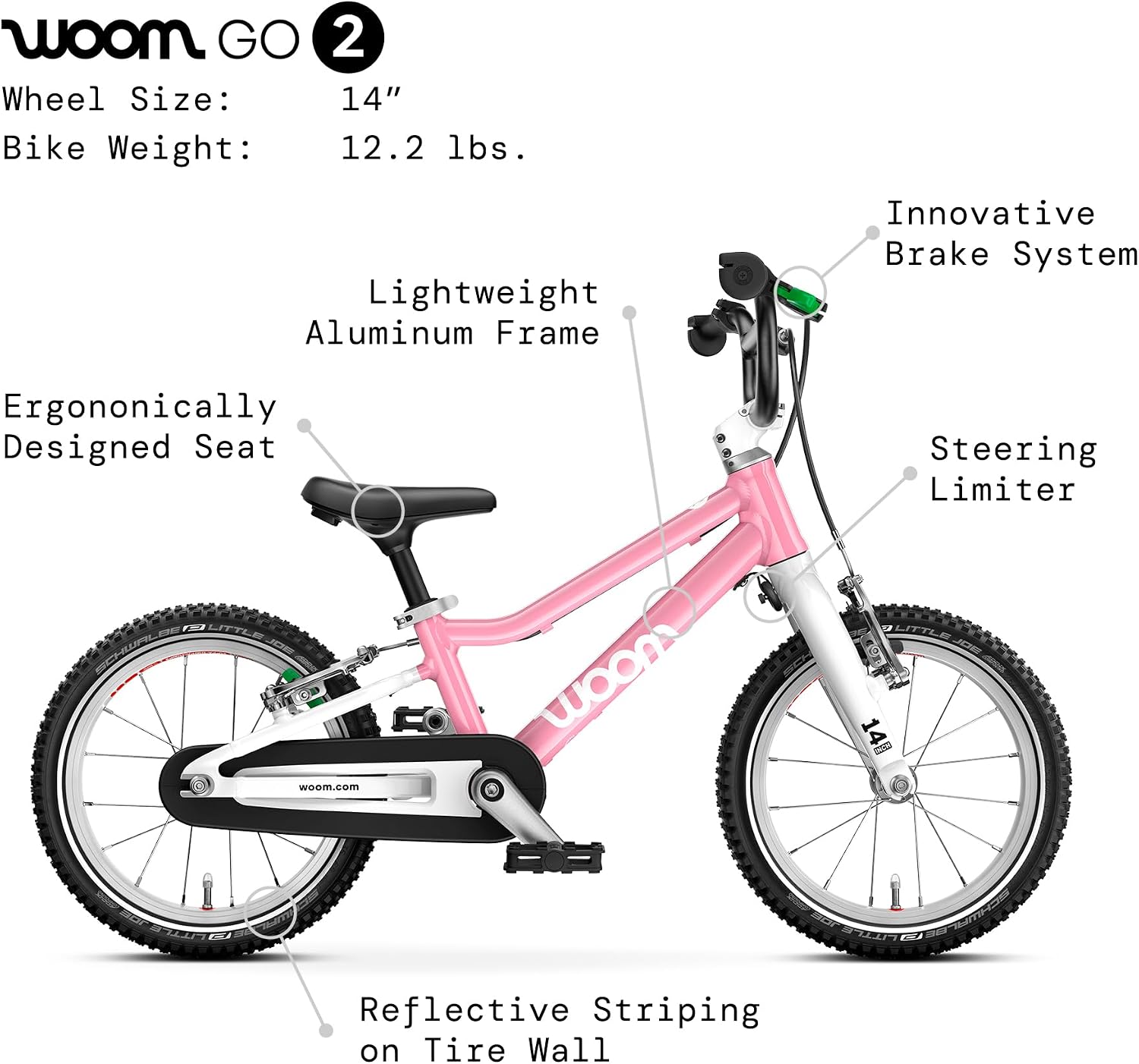 woom GO 2 Bicycle for Children 3 to 4.5 Years Old, 14-Inch Lightweight Bike with Handbrake, Steering Limiter & Chainguard for Boys & Girls