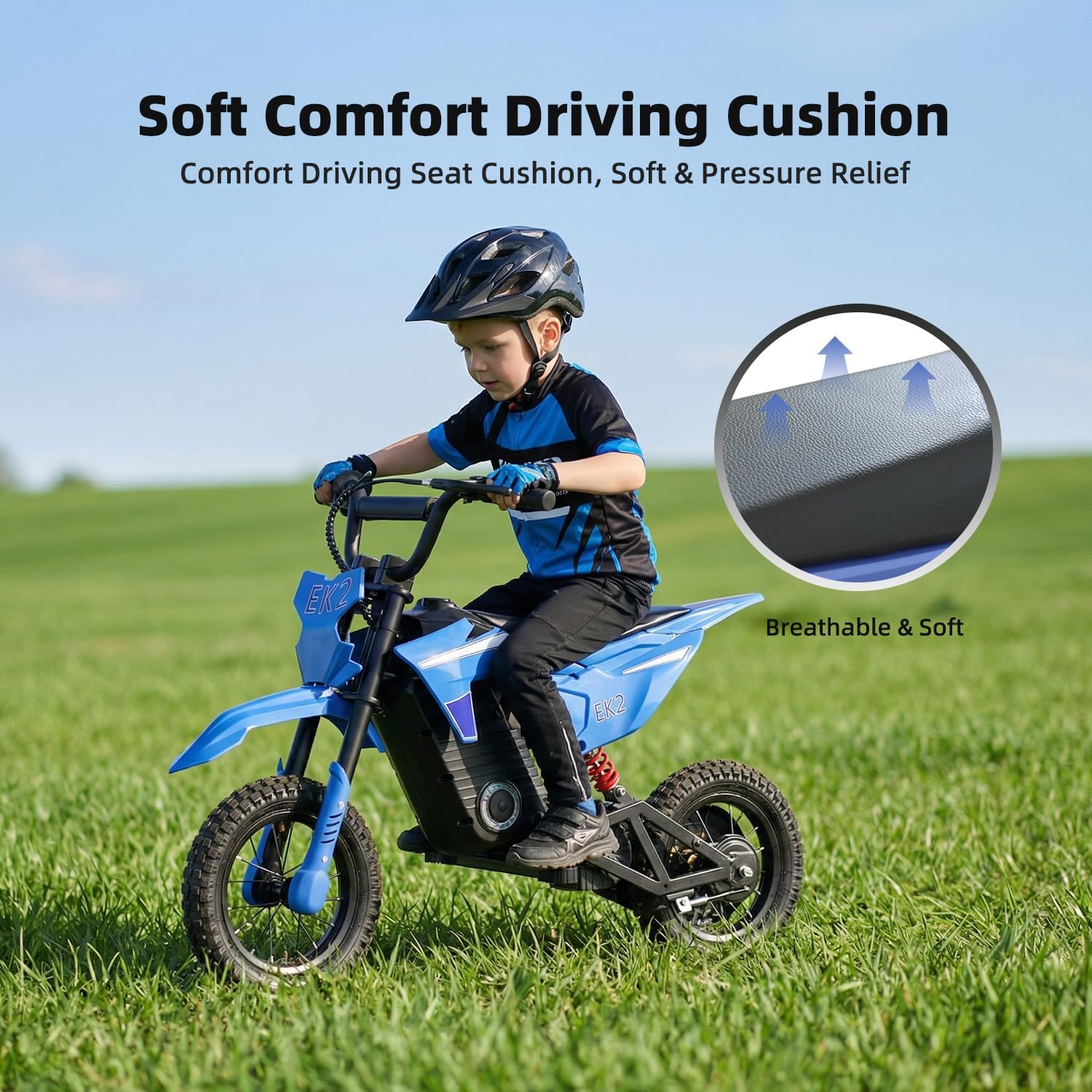 EK2 Kids Electric Dirt Bike, 350W Motor, 15 MPH Max Speed, 36V 5.2Ah Lithium Battery 12 Miles Max Range, Electric Motorcycle for Kids Aged 5-10, Blue