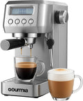 Gourmia Slim Espresso Machine with LCD Screen - Milk Frother, Adjustable Temperature, Manual & Auto Brew, Single/Double Shot, Hot Water Dispenser, Descaling Mode, Compact