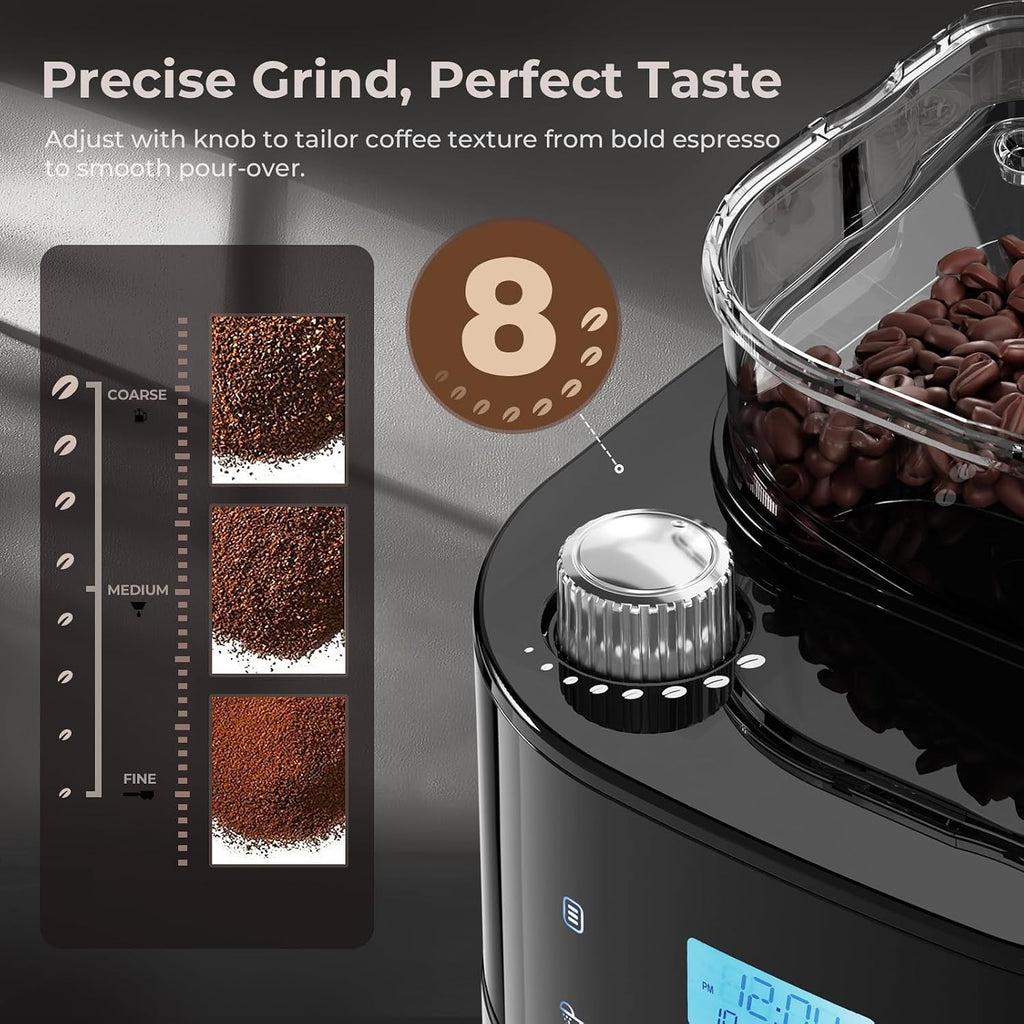Drip Coffee Maker with Grinder Built In, 10-Cup Grind and Brew Coffee Machine Fully Automatic, Programmable with Brew Strength, Permanent Filter, Glass Carafe, 50oz Water Tank, Ideal for Home/Office