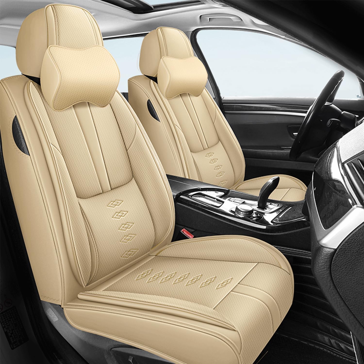 Car Seat Covers for Flex,for Ford Flex 2009-2019,Leather Front Seat Covers,Airbag-Compatible Car Seat Protectors,Waterproof Seat Cover for Cars(Beige,2PCS/with Pillows)