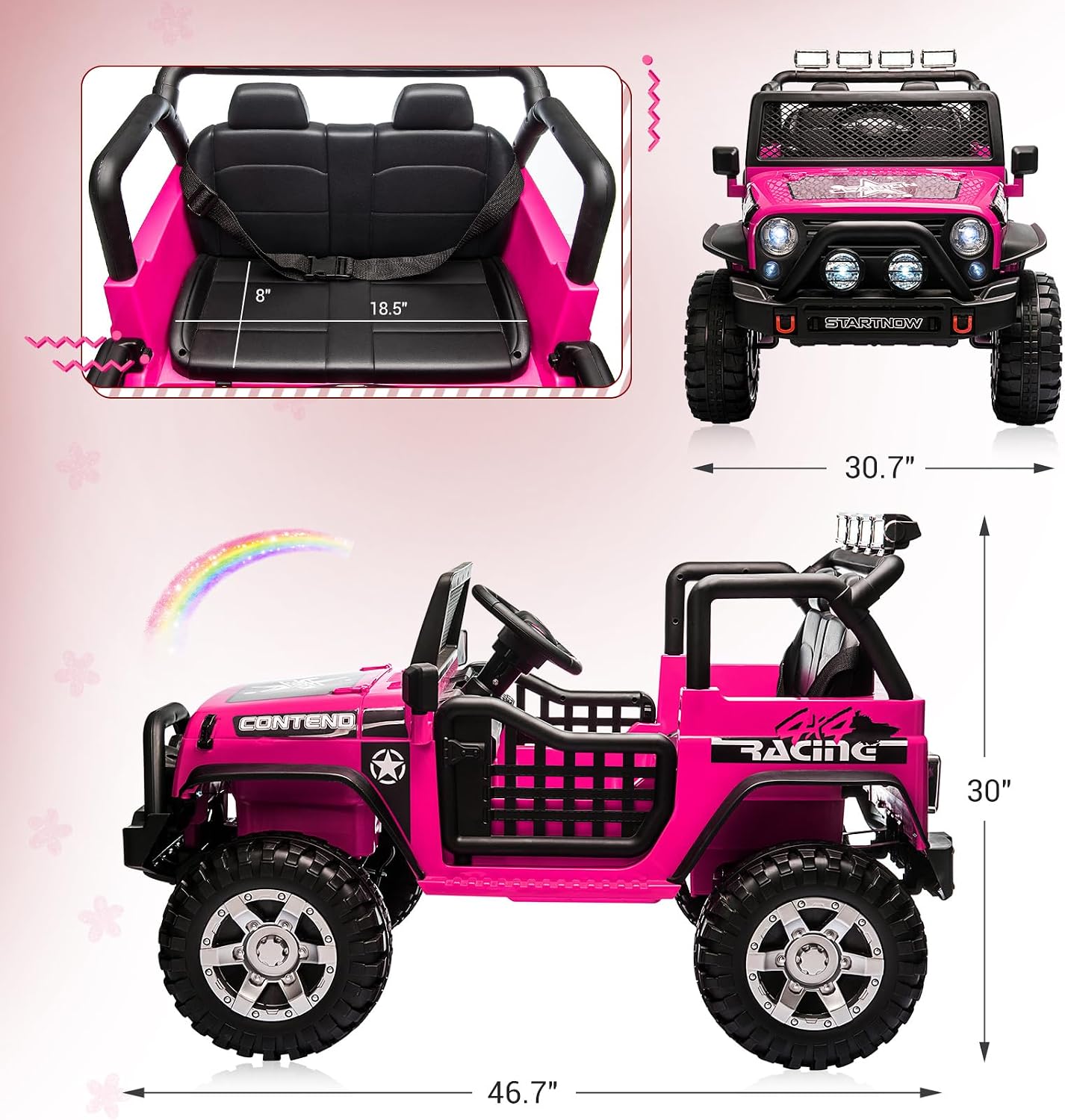 SEHOMY 2 Seater Electric Car for Kids, 12V Ride on Toys Power Wheels with Remote - 3 Speeds, Spring Suspension, 110LB Max, LED Lights, Music, Kids Electric Vehicles Toddler Truck for Boys Girls Pink