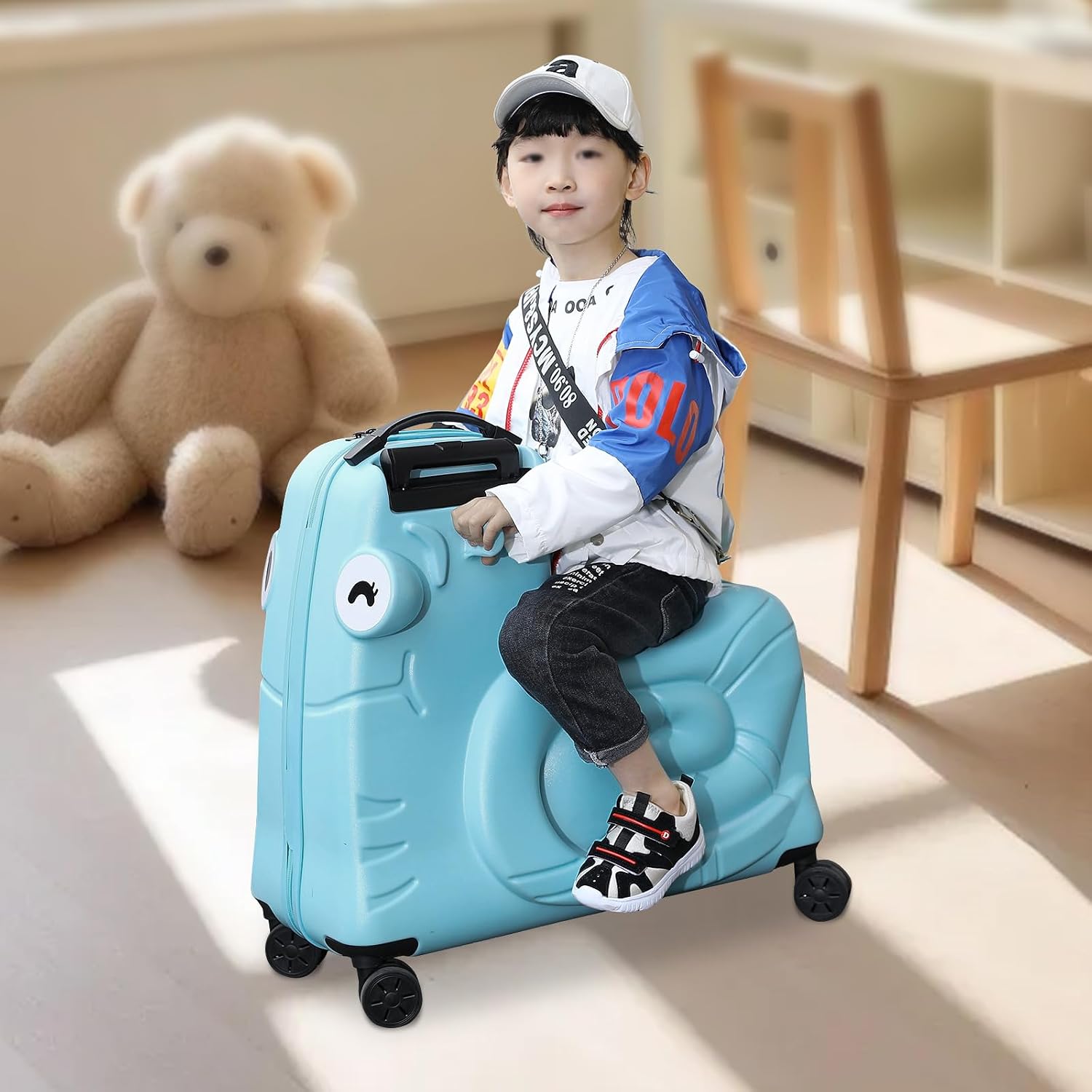 Blue 20-Inch Kids Ride-On Luggage with Spinner Wheels, Sit-On Carry-On Trolley Suitcase, Toddler Travel Trunk with Password Lock, Lightweight Cabin Case for Boys Girls, Under-Seat Size, Ride Box
