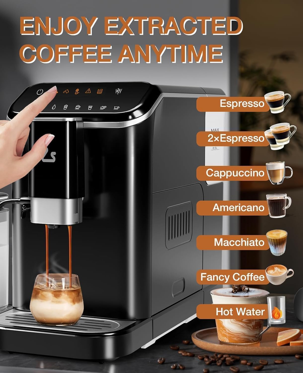 Fully Automatic Espresso Machine With Grinder,Expresso Coffee Machines Milk Frother and Auto-Cleaning With Hot Water Function One-Touch Operation for Latte, Cappuccino, and Macchiato