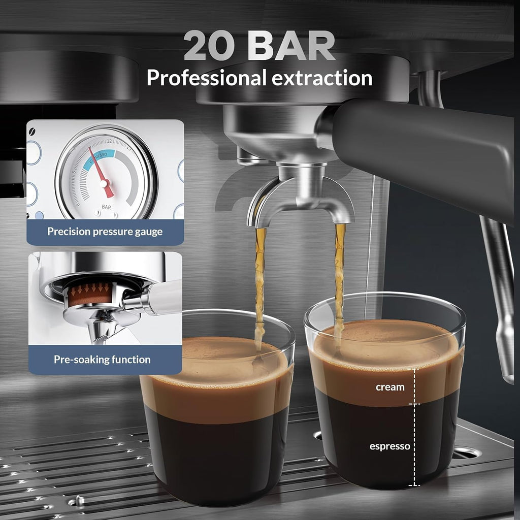 20 Bar Espresso Machine with Grinder & Milk Frother, Coffee Machine with 96Oz Removable Water Tank, Professional Espresso Maker for Home Café, Stainless Steel Coffee Maker for Cappuccino, Latte