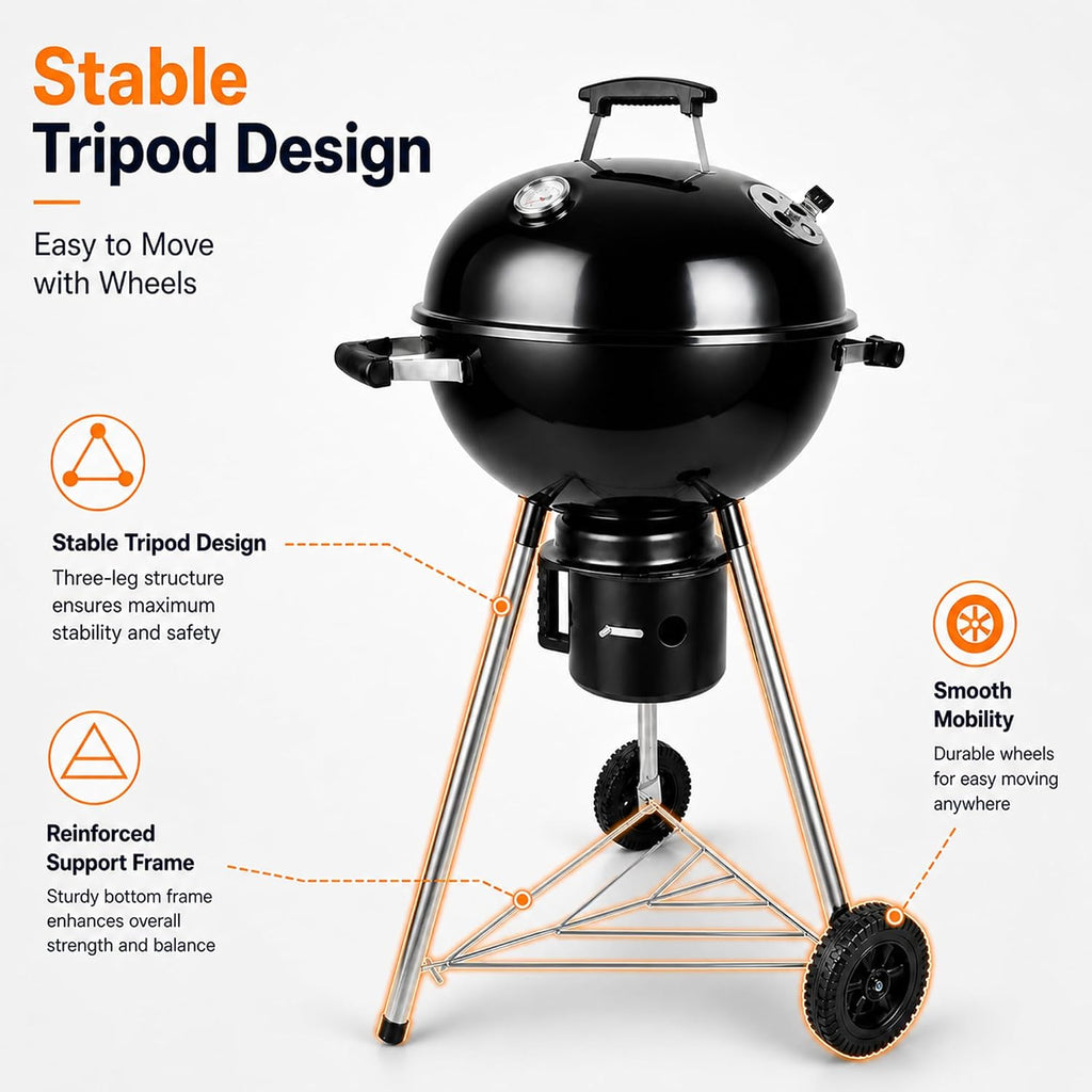 18 Inch Charcoal Grill with Lid & Ash Catcher, Kettle BBQ Grill for Backyard & Patio, Easy Temperature Control, Family Grill for 4–6 People
