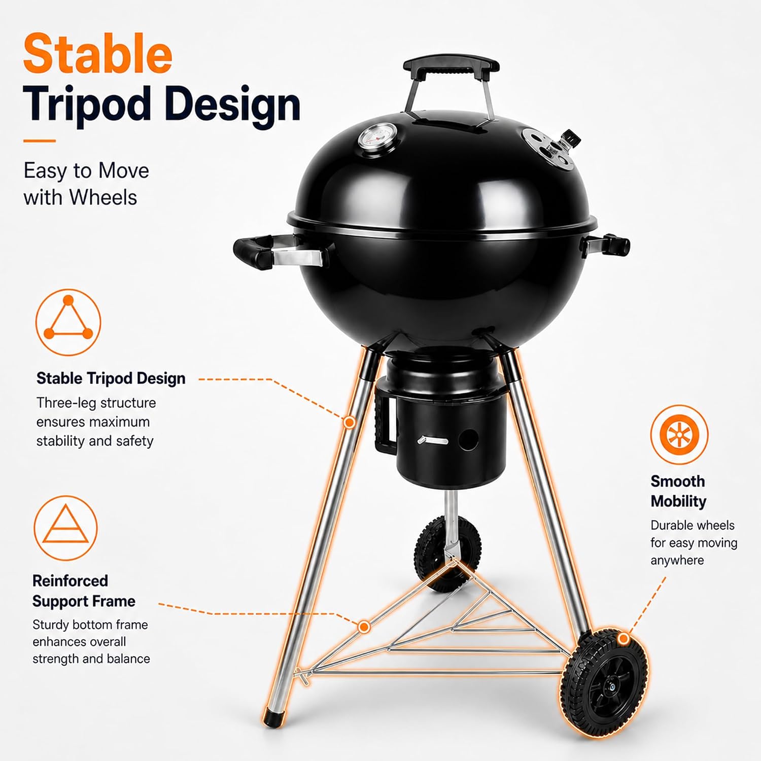18 Inch Charcoal Grill with Lid & Ash Catcher, Kettle BBQ Grill for Backyard & Patio, Easy Temperature Control, Family Grill for 4–6 People