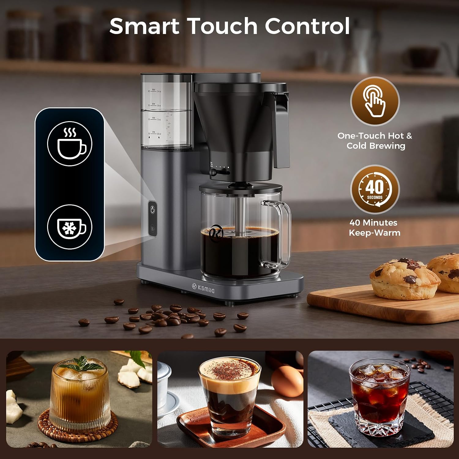 Kismile 8 Cup Drip Coffee Maker Machine, Pour Over Coffee Brew with 3s Instant Heat 197-205℉, Removable Water Tank, Adjustable Flow Control, Deep Cold Brew & Keep Warm 40 Min (starrygray)