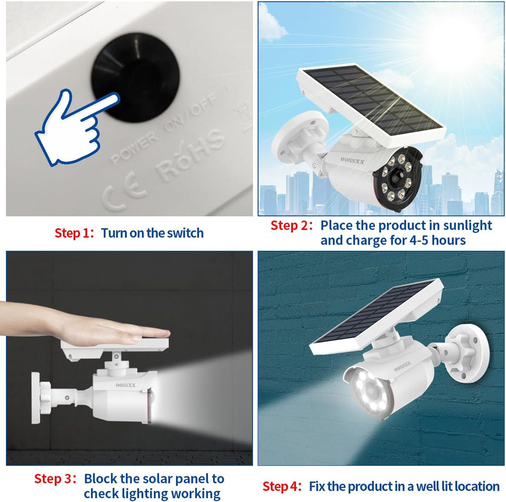 OOSSXX Solar Powered Outdoor Wireless Simulated Cameras Fake Camera Wire Free Solar Motion Light Motion Sensor Floodlights Spotlight