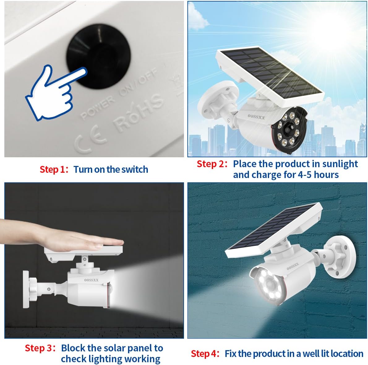 OOSSXX Solar Powered Outdoor Wireless Simulated Cameras Fake Camera Wire Free Solar Motion Light Motion Sensor Floodlights Spotlight