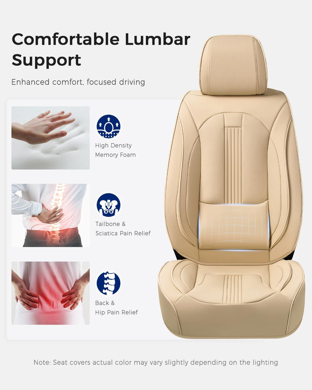 Huidasource Beige Front Seat Cover, Nappa Leather Front Car Seat Cover with Lumbar Support, Ventilation Holes, Elastic Fabric, Airbag, Full-Coverage Seat Covers, Fit for Most Cars SUV Trucks, Beige