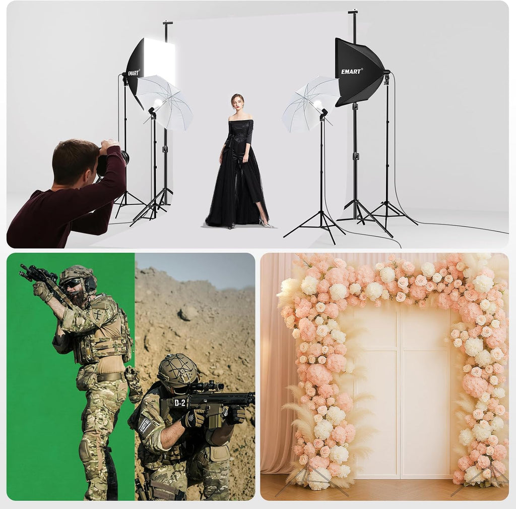 EMART 10 x 10 ft Heavy Duty Backdrop Support System, Professional Photography Lighting Kit with 5500K 50W LED, 10 * 15ft Backdrop *3, Reflector, Umbrellas&Softbox Lighting Kit for Studio, Portrait