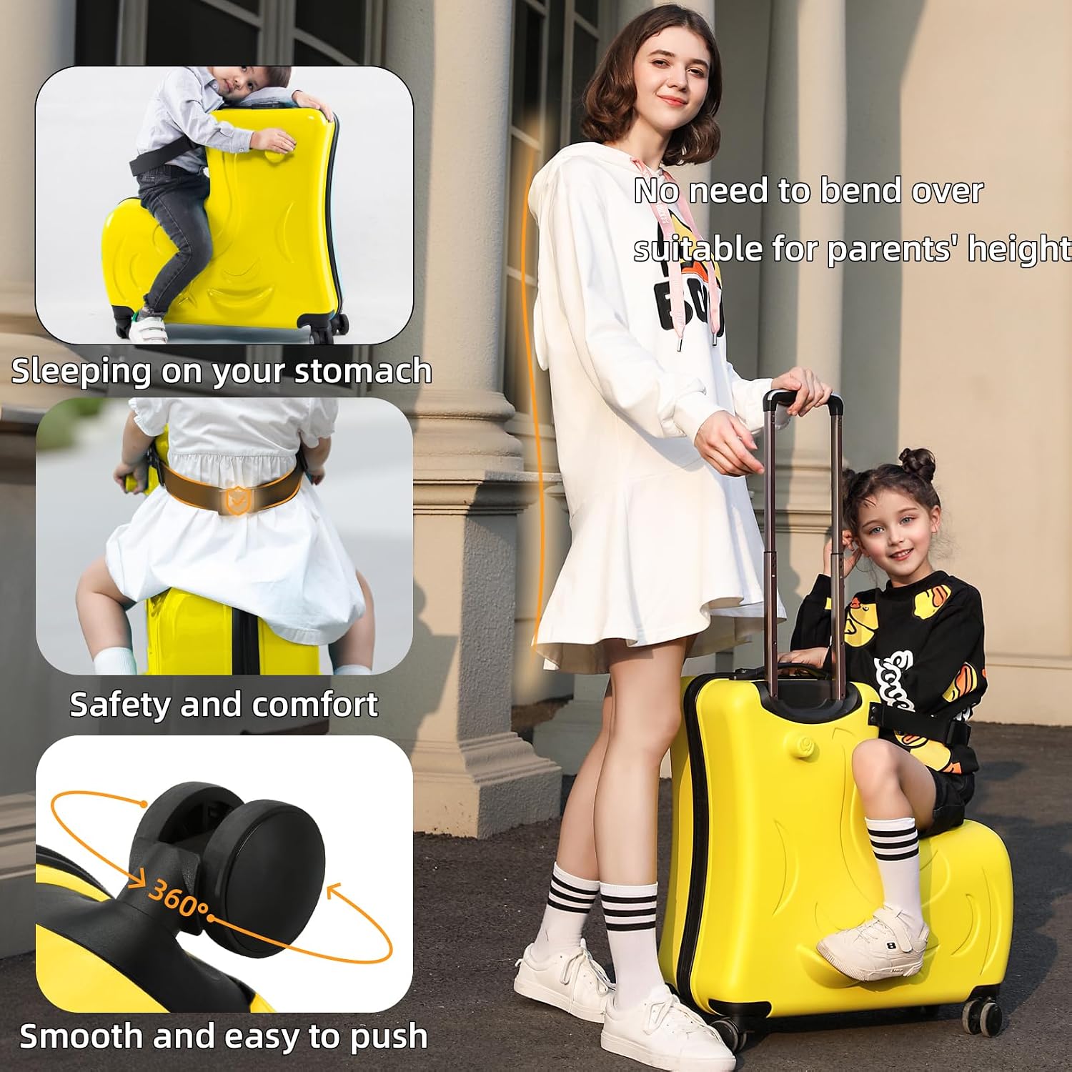 Toddler Luggage Ride On Suitcase for Kids with 4 Spinner wheels, Hardside Travel Luggage for Boys and Girls Ages 2-12 (Sunshine Yellow, 20-Inch Carry-On for Most Airlines)