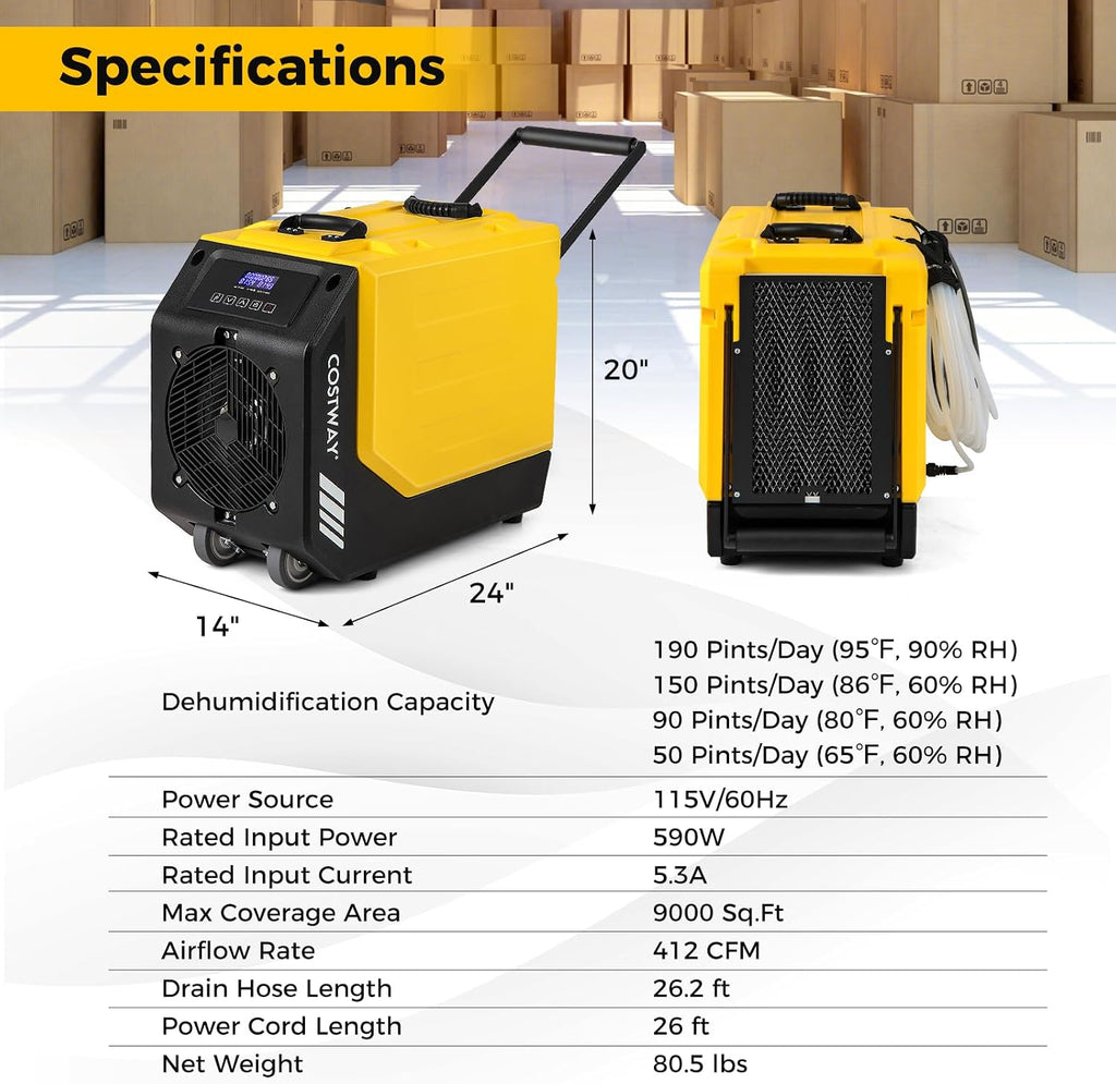 COSTWAY 190 PPD Commercial Dehumidifier with Pump, Rotational Molded Crawl Space Dehumidifier with 26Ft Drain Hose for Water Damage Restoration, Basement (Yellow)