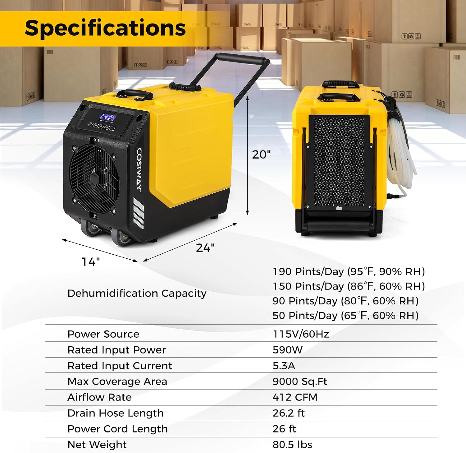 COSTWAY 190 PPD Commercial Dehumidifier with Pump, Rotational Molded Crawl Space Dehumidifier with 26Ft Drain Hose for Water Damage Restoration, Basement (Yellow)