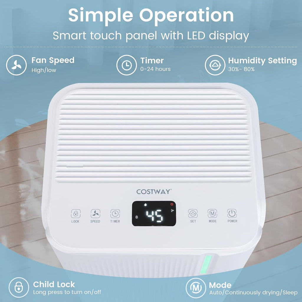 COSTWAY 32 Pints Dehumidifier for Home, 2000 Sq.Ft Portable Dehumidifier for Bedroom, Basement, Bathroom, 24H Timer, 3-Color Indicator, 3.3 FT Drain Hose, 4 Wheels