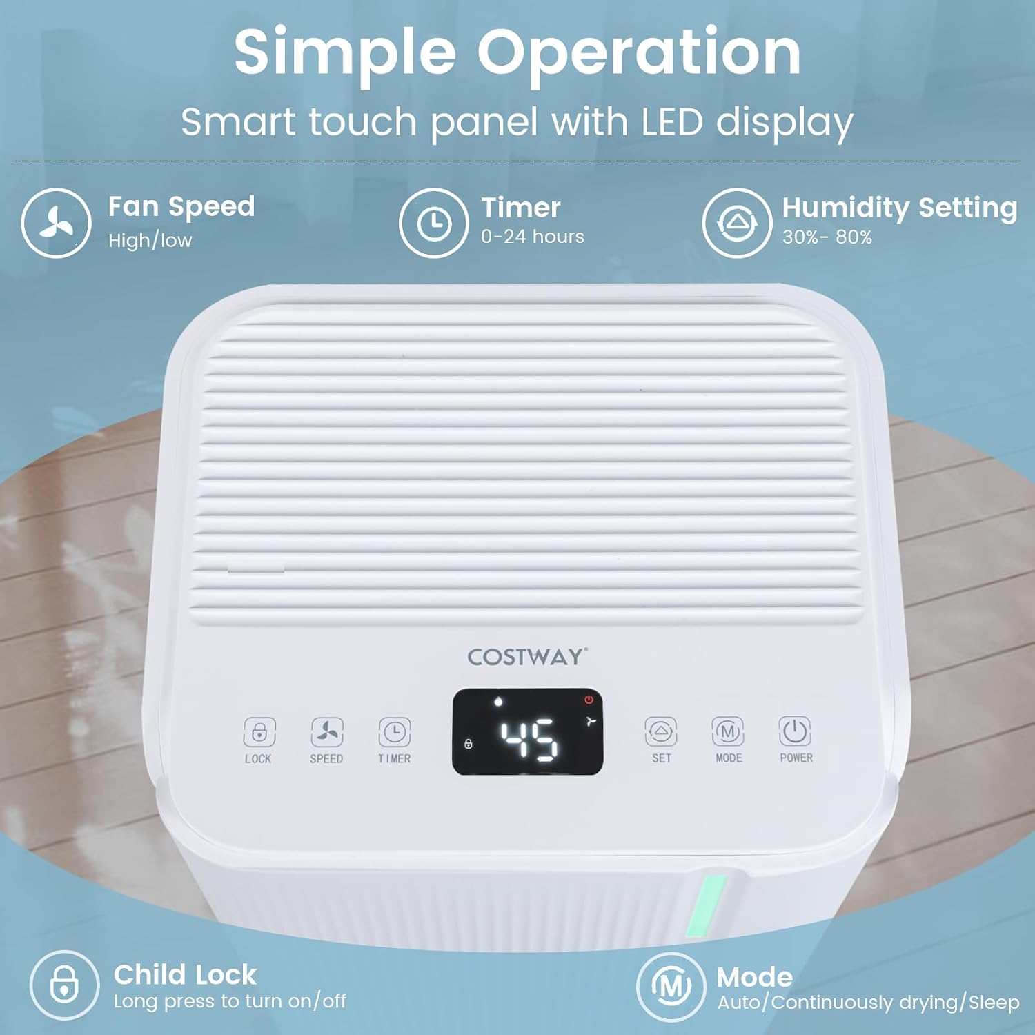 COSTWAY 32 Pints Dehumidifier for Home, 2000 Sq.Ft Portable Dehumidifier for Bedroom, Basement, Bathroom, 24H Timer, 3-Color Indicator, 3.3 FT Drain Hose, 4 Wheels