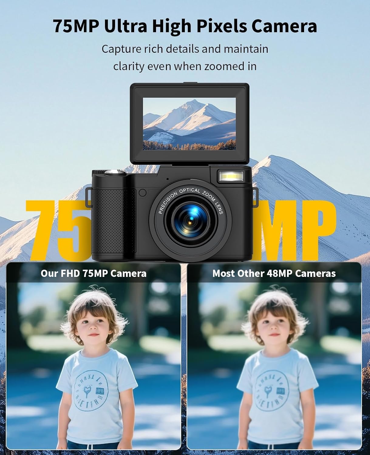 FLATIC 6K Digital Camera, 75MP Cameras for Photography with 8X Optical Zoom & Tripod, Anti-Shake Vlogging Camera with 3' 180° Flip Screen, 64GB Card, Card Reader, Vlog Travel Cameras for Teens