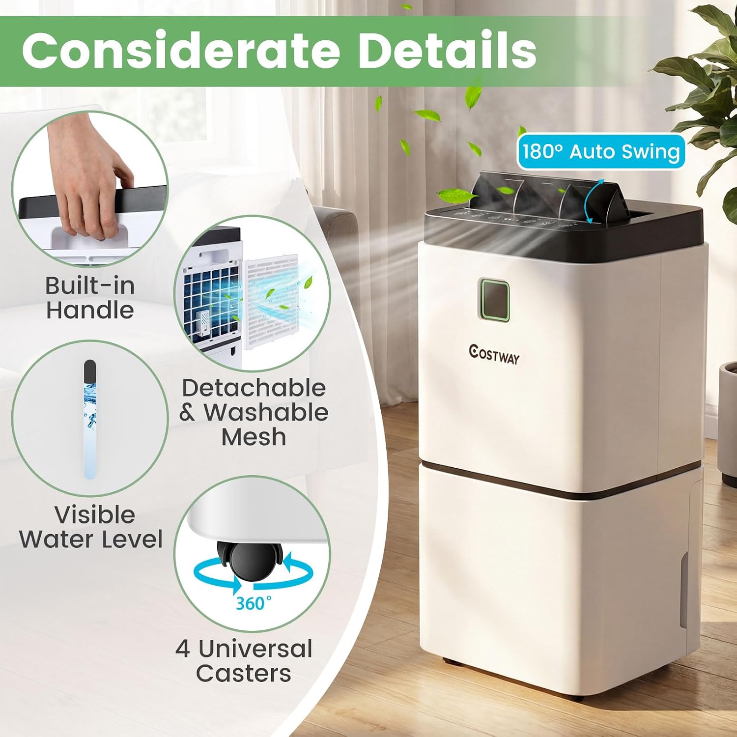 COSTWAY Dehumidifier for Large Room & Basements, 1500 Sq. Ft Portable 30 Pints Dehumidifier with 3 Color LED Light, 3 Modes, 2 Speeds, 12H Timer, Auto or Manual Drainage