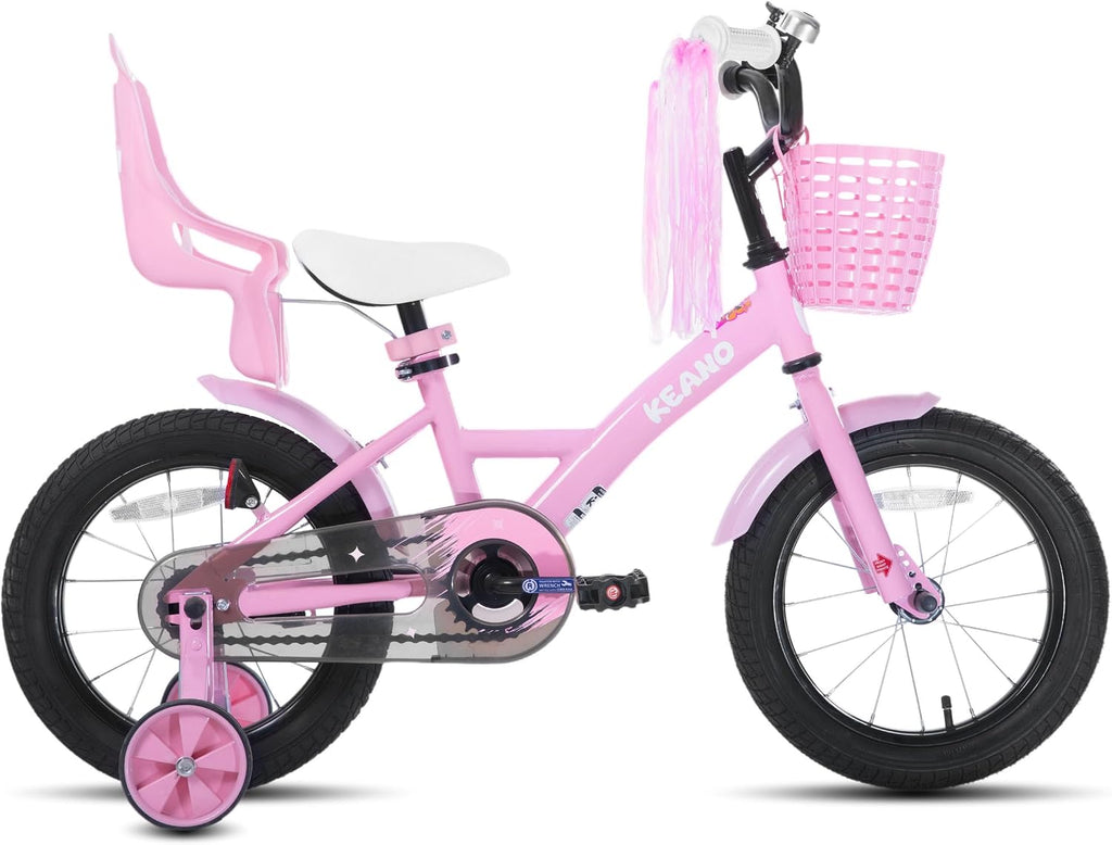 KEANO Zinnia 14 16 20 Inch Kids Bike for Girls Ages 3-10 Years, Girls' Bikes with Training Wheels, Streamers, Basket and Doll Seat, Children Bicycles
