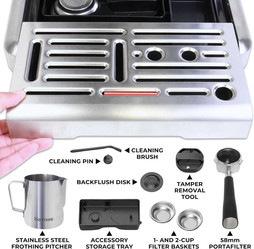 Kenmore Espresso Machine - Automatic Coffee Maker With Auto Tamper, Auto Cleaning, Milk Steamer & Frother, Bean Grinder, Make Professional Barista Style Cappuccino, Latte, Stainless Steel