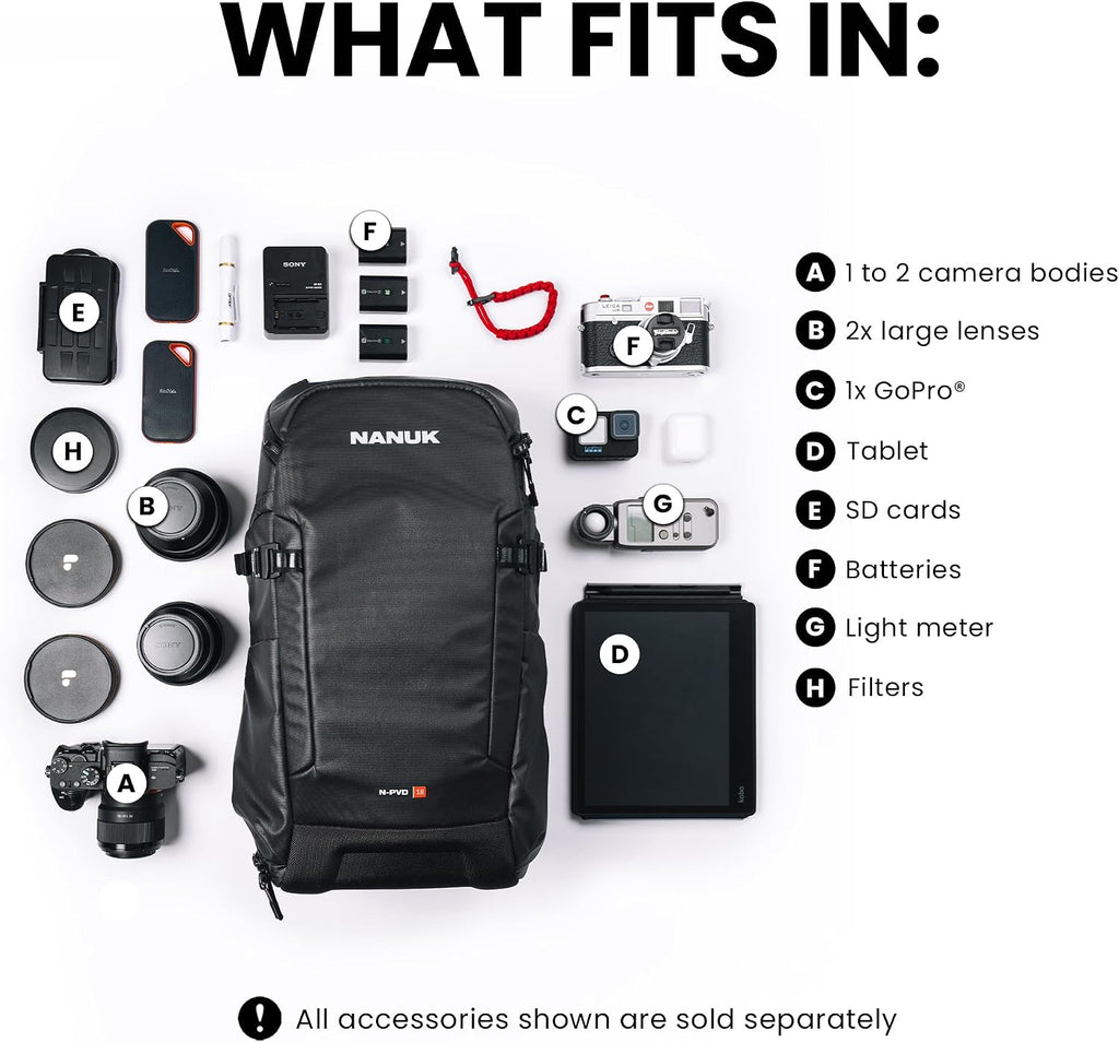 NANUK N-PVD 18L Backpack Camera Bag for Photographers – Hardshell & Highly Water-Resistant | Fits 1 to 2 Camera Bodies, 2 Lenses, Tripod, 14' Laptop, & More
