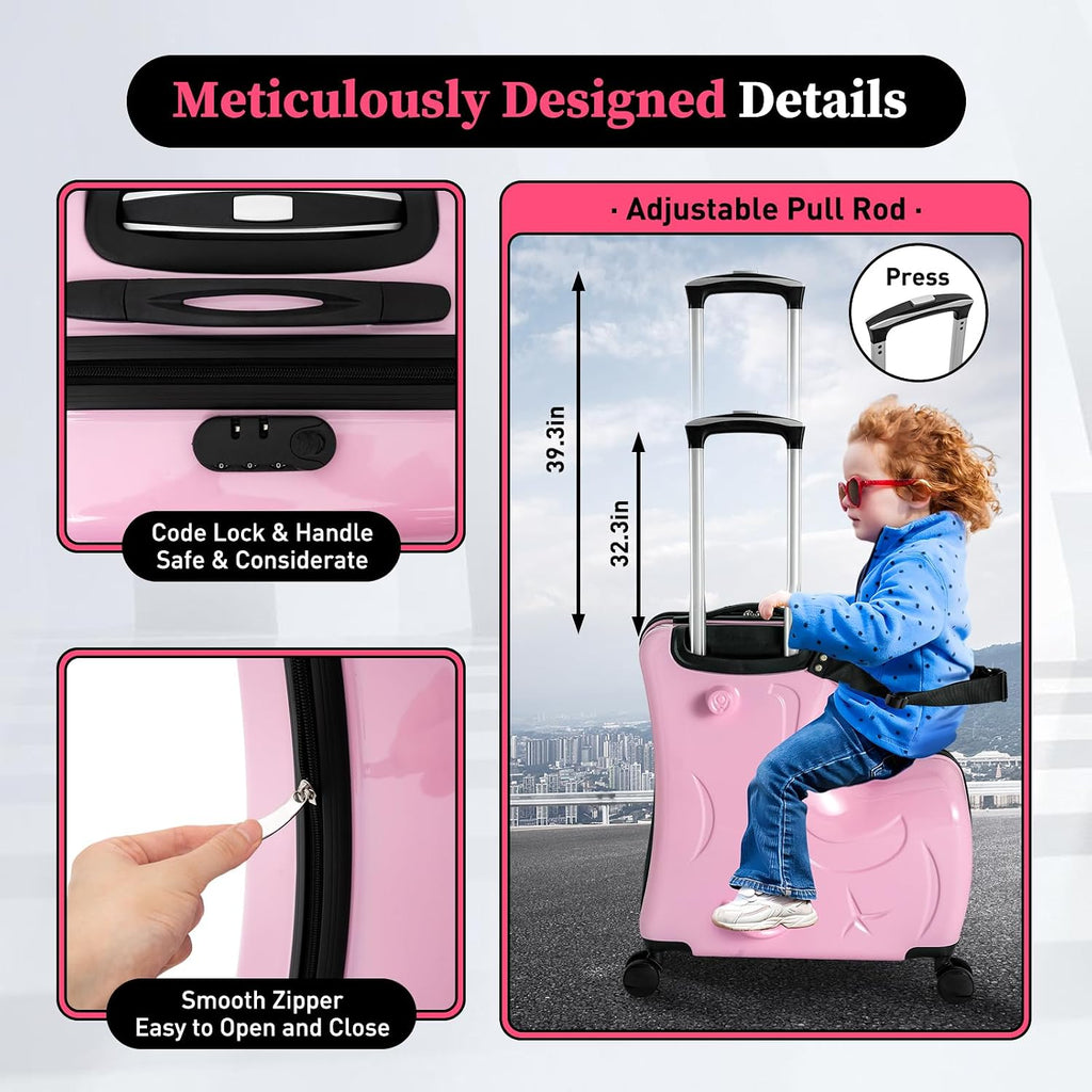 20' Ride on Suitcase for Kids, Carry on Trolley Suitcase with Double-row Universal Wheels Travel Riding Luggage with Password Lock/Safety Belt/Telescoping Handle, Pink